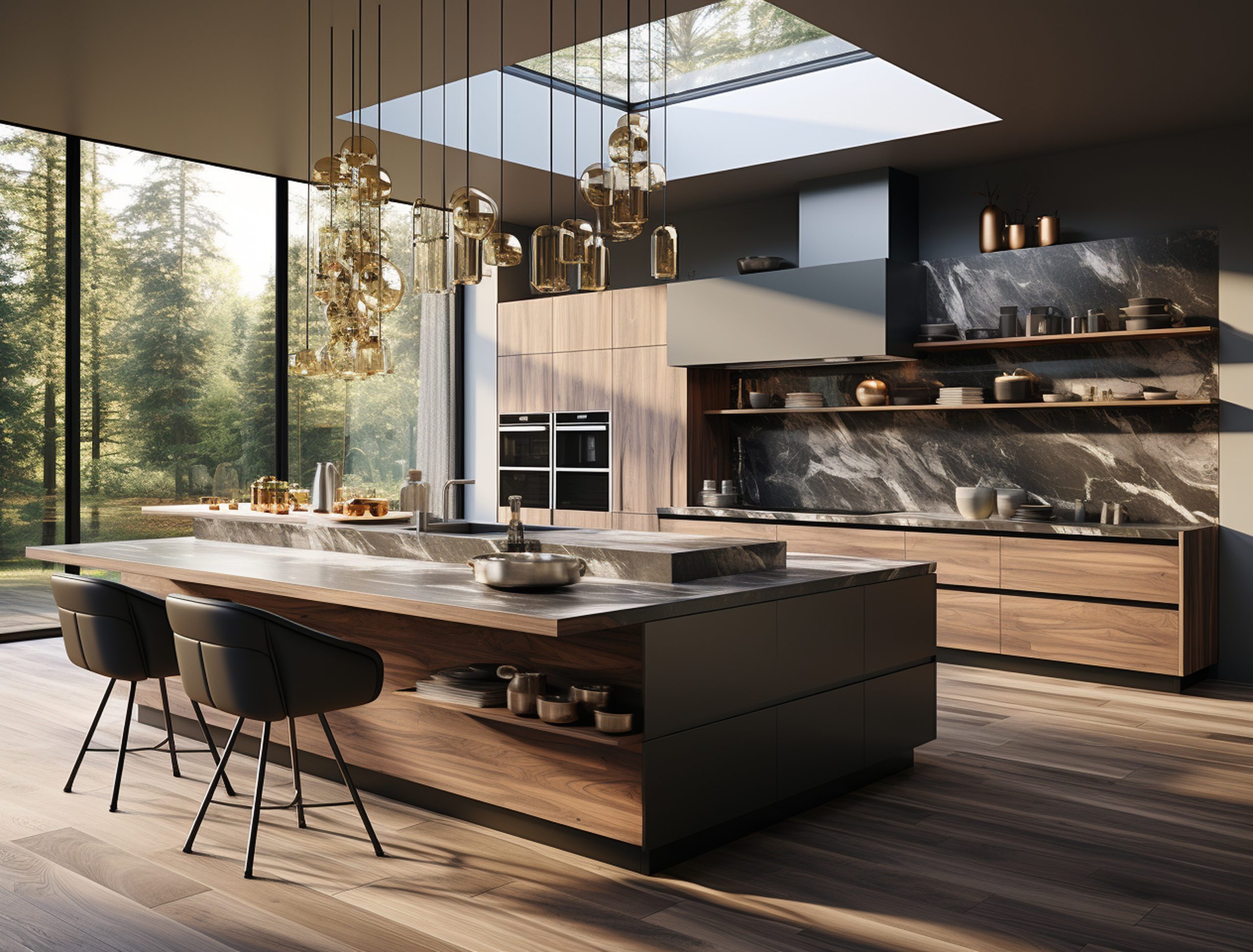 Cocina de alta gama con isla de mármol, madera natural e iluminación de diseño en Barcelona — Style Decor