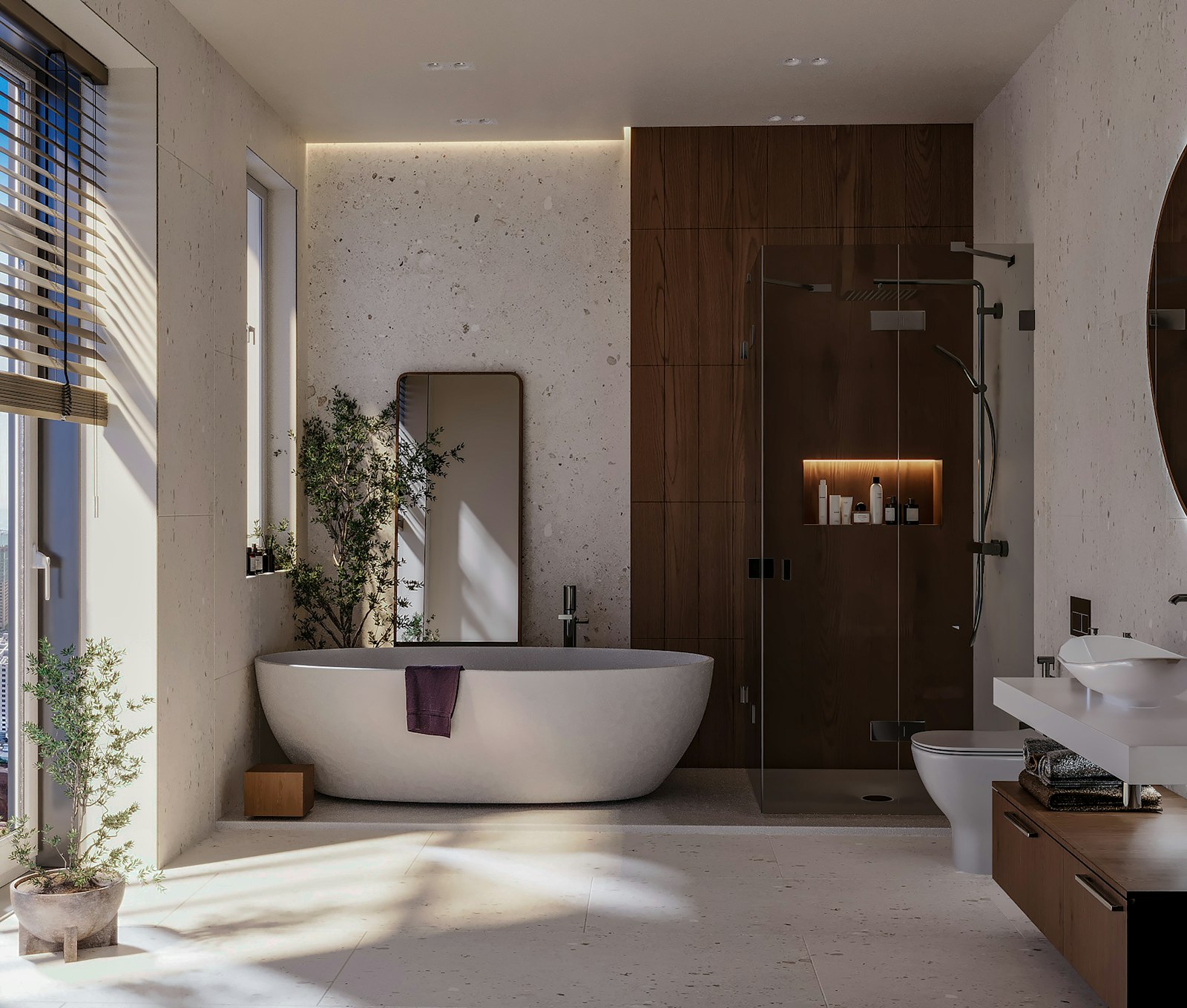 Baño reformado con ducha de obra, mueble suspendido y espejo retroiluminado en Barcelona