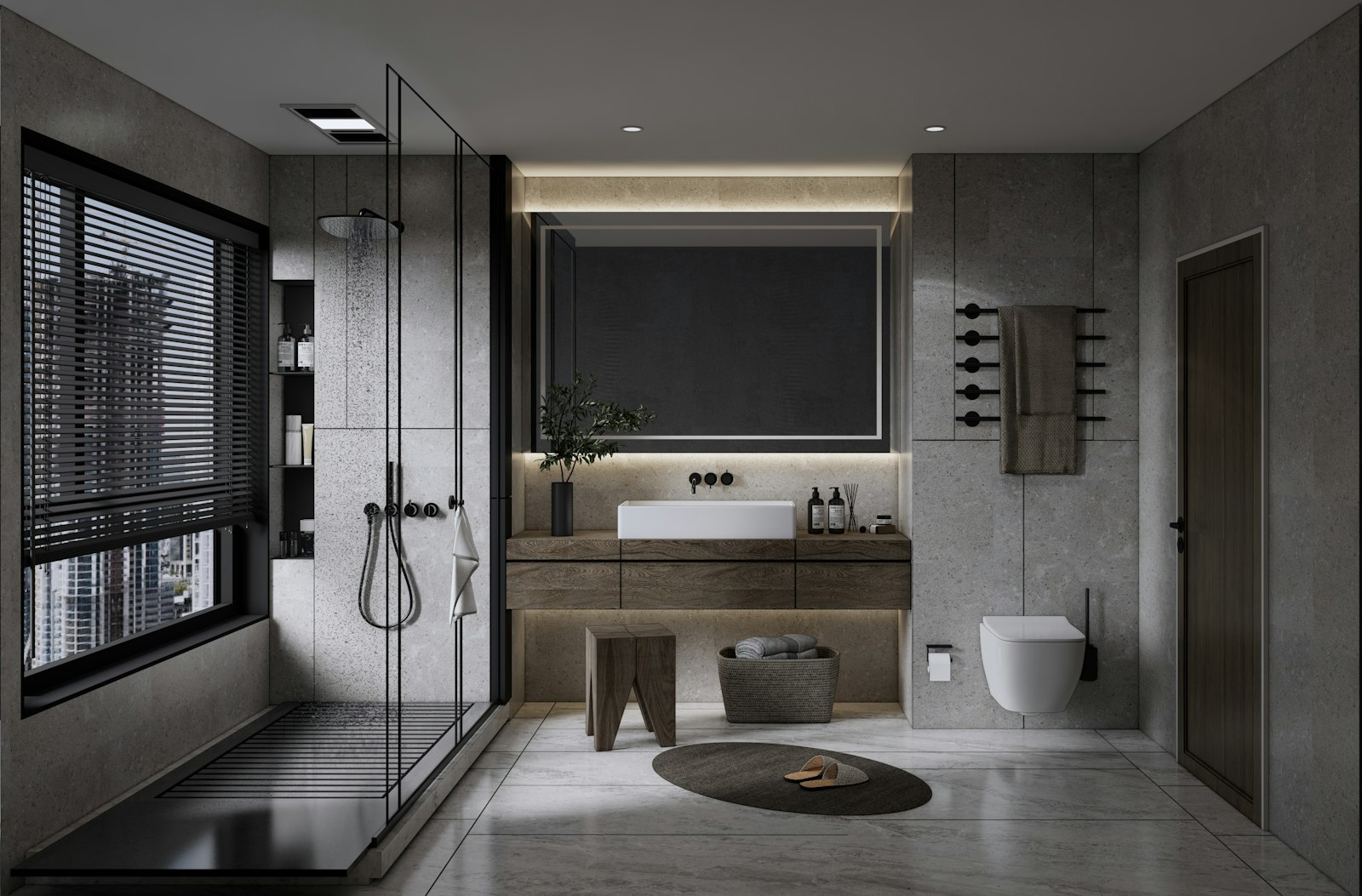 Baño reformado con gres de gran formato, ducha enrasada y grifería empotrada en Barcelona