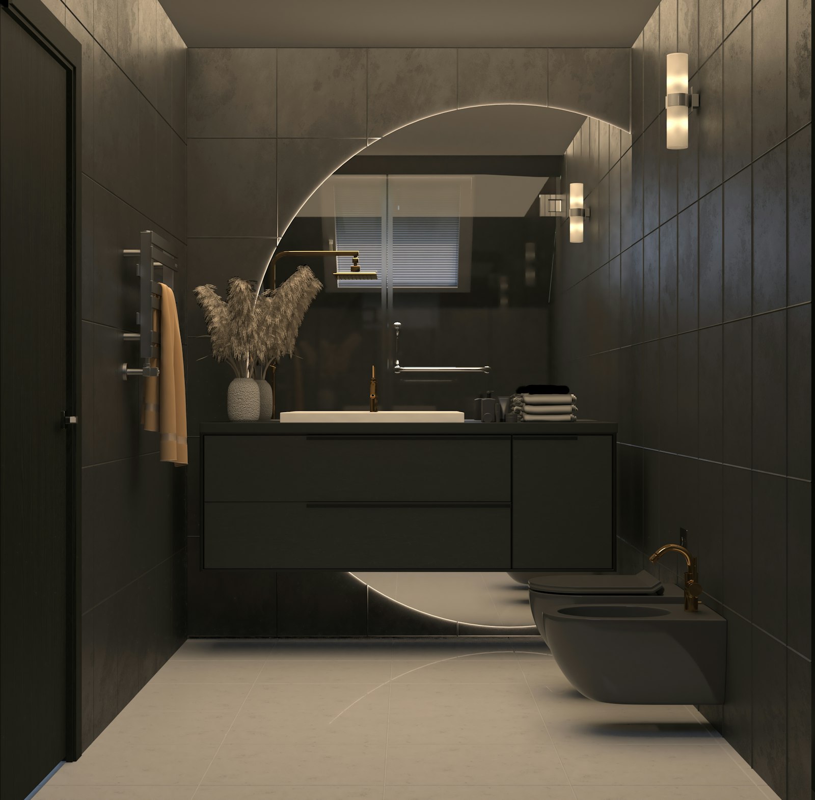 Baño de diseño con microcemento continuo, mueble suspendido y espejo retroiluminado