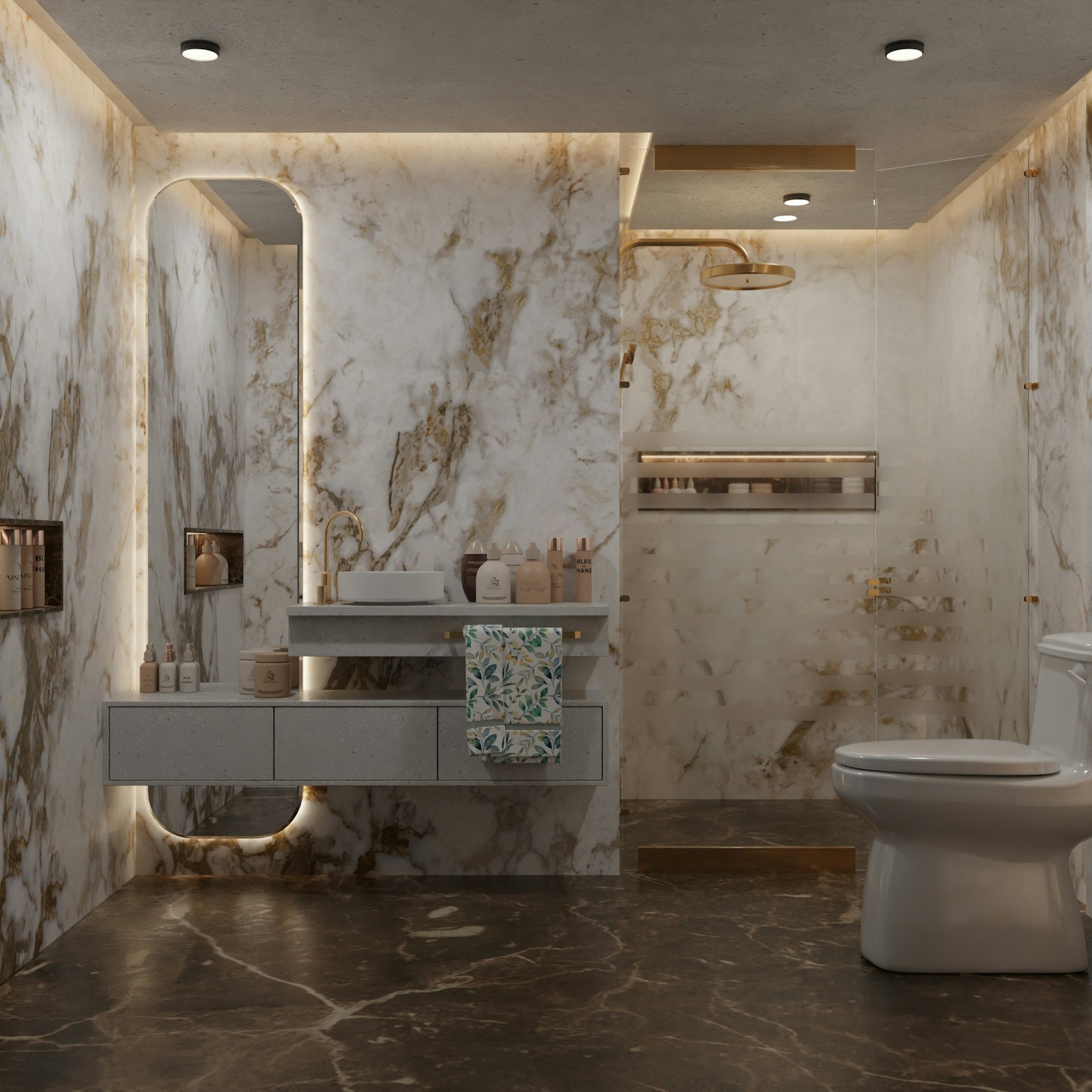Baño de diseño con ducha de obra, plato enrasado y mampara a medida sin perfilería