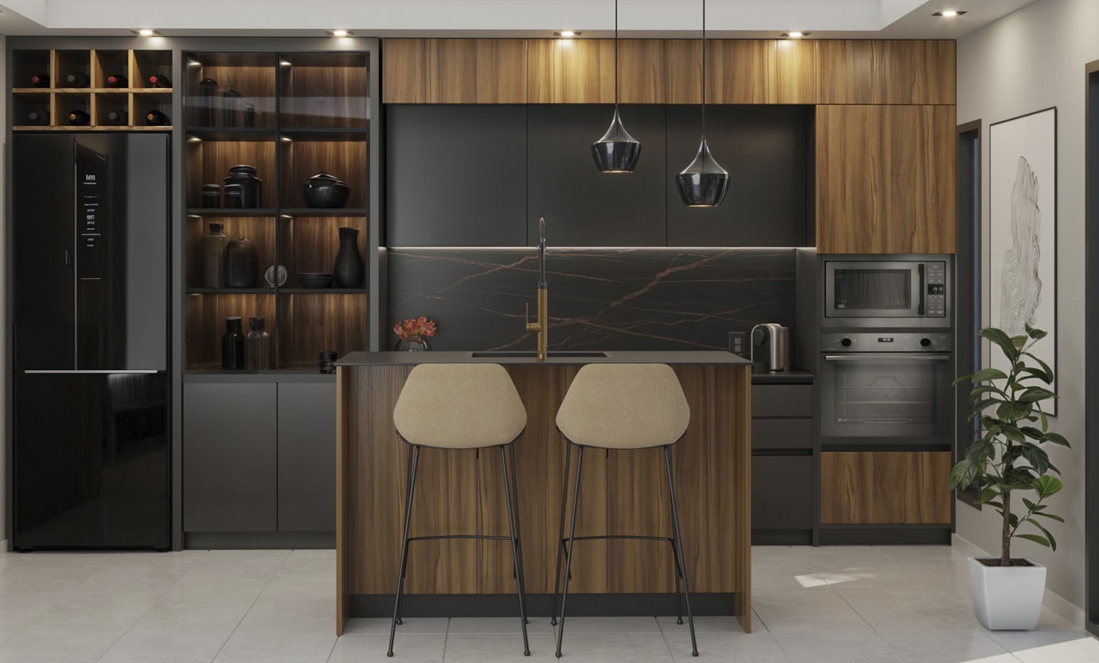 Cocina integrada en el estar con isla central